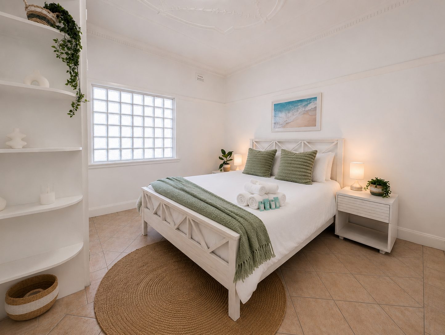 Second bedroom with a queen bed and coastal styling