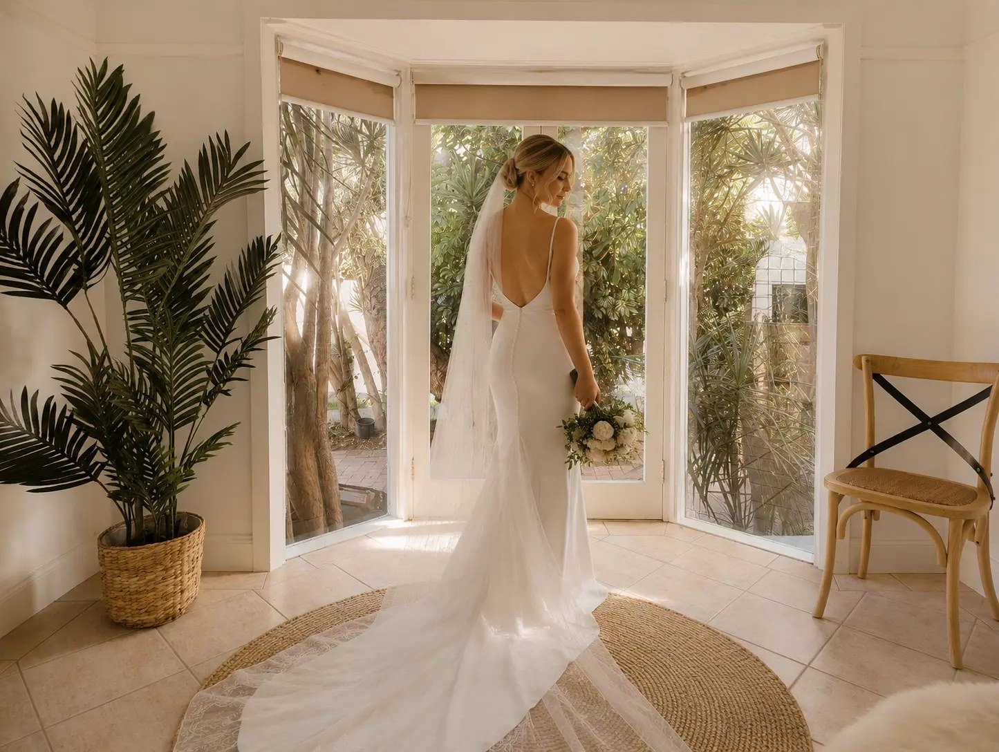 Bride with a bouquet beside the garden-facing French doors at Gemstays